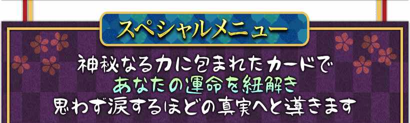 スペシャルメニュー 神秘なる力に包まれたカードであなたの運命を紐解き 思わず涙するほどの真実へと導きます